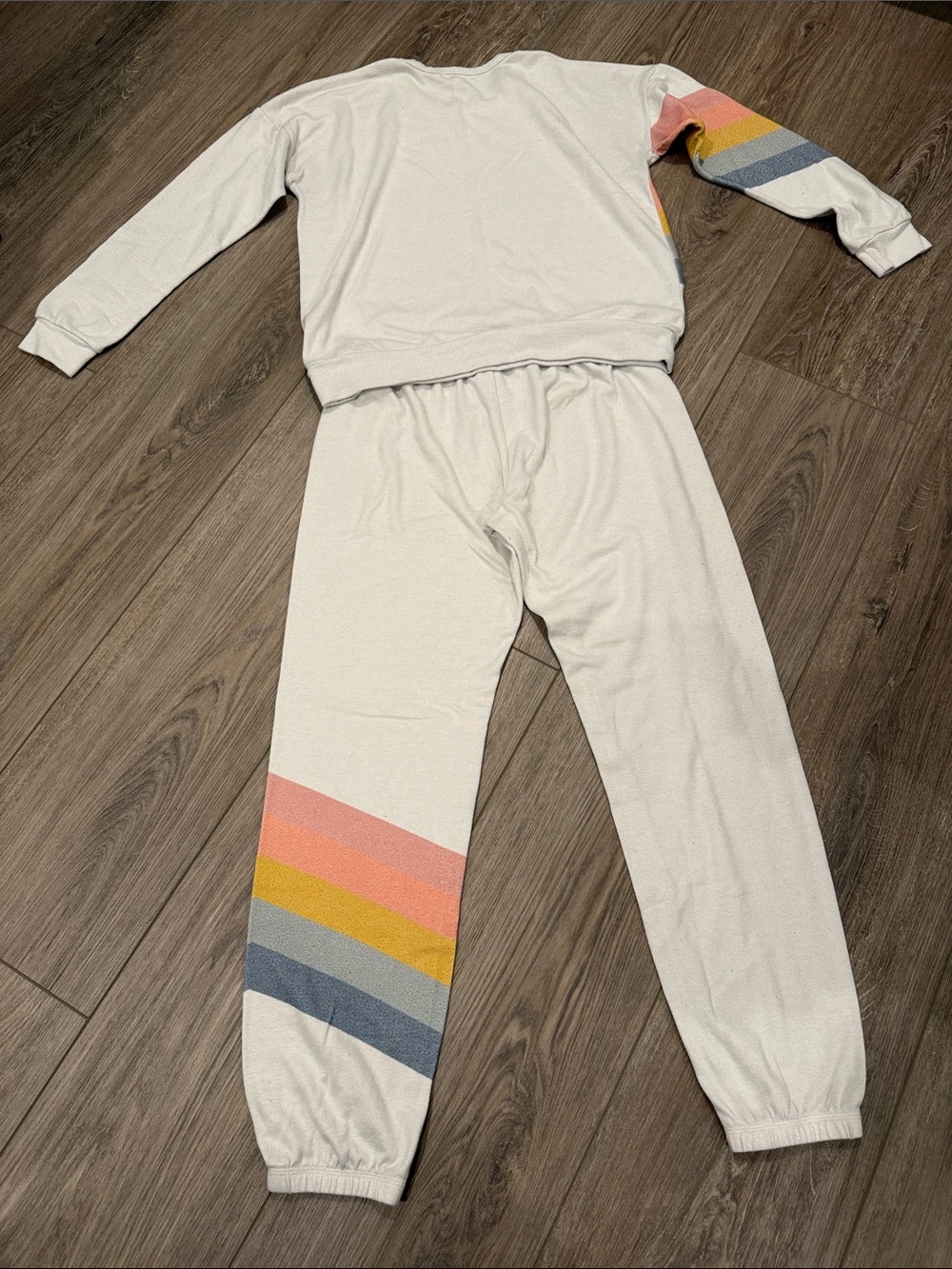 PJ Salvage Cream Lounge Sweatshirt and Joggers with Pink Yellow and Blue Stripes - Picture 4 of 4